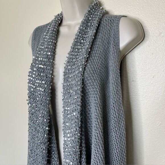 Gianni Bini Gray Duster Long Line Vest Sequin Beaded Waterfall Women Size Large - Picture 5 of 11